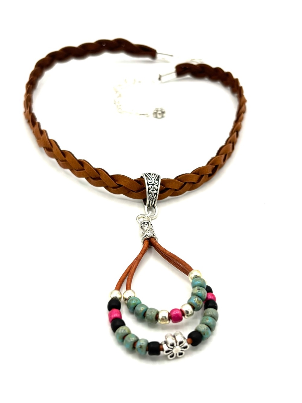 Hand Crafted Braided Brown Leather Choker Necklace Multicolor Beaded Pendant - Picture 6 of 9